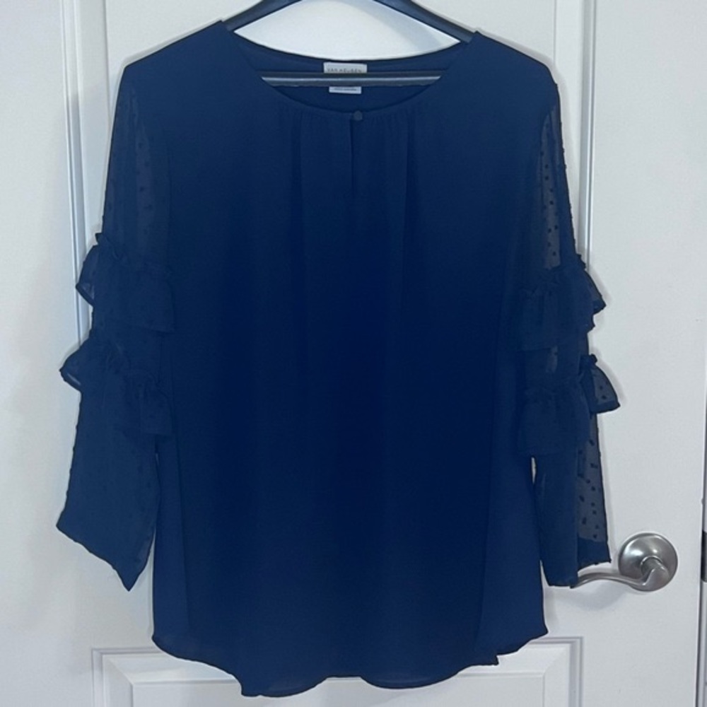 Navy blue blouse- ruffle sleeves. Large